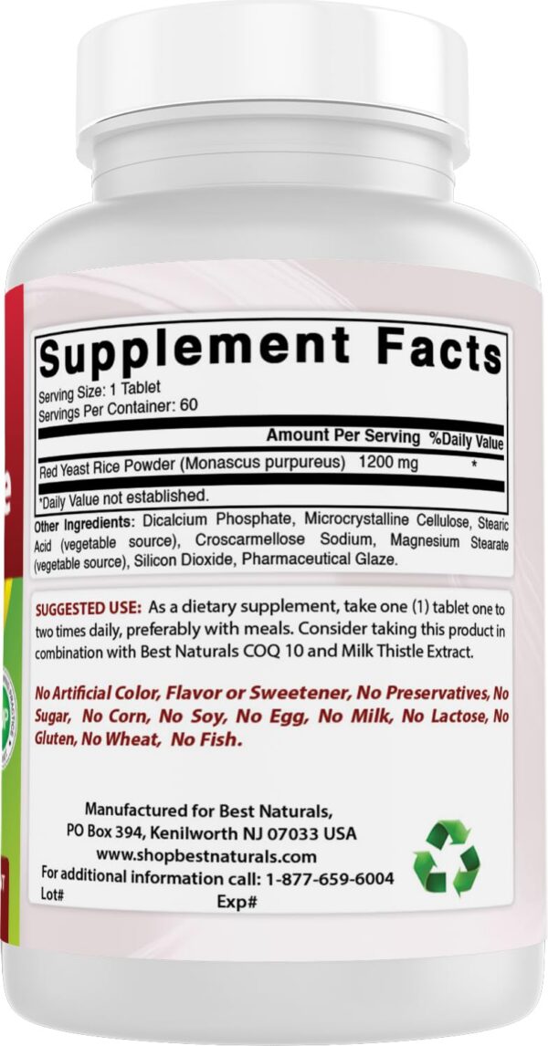 Información nutricional arroz levadura roja Best Naturals 1200 mg