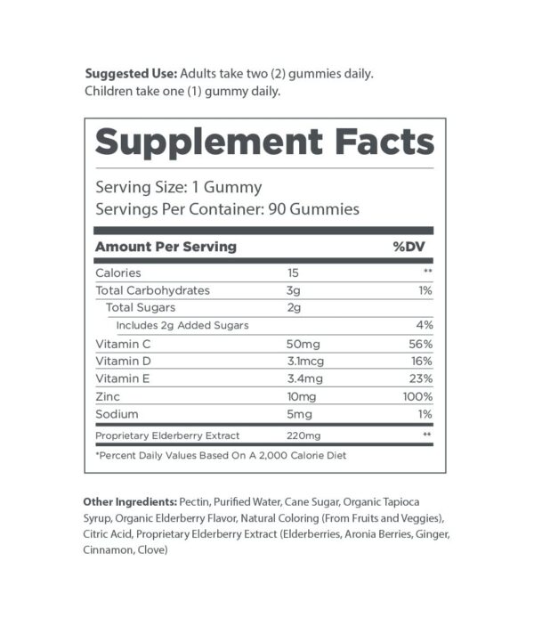 Información nutricional gomitas saúco The Elderberry Co.