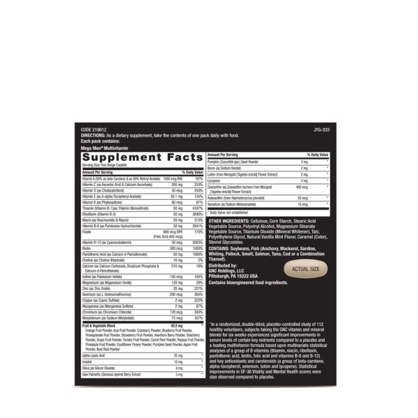 Ingredientes en etiqueta GNC Mega Men Performance y Vitality