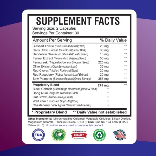 Ingredientes orgánicos naturales en cápsulas MetrioMed para mujeres