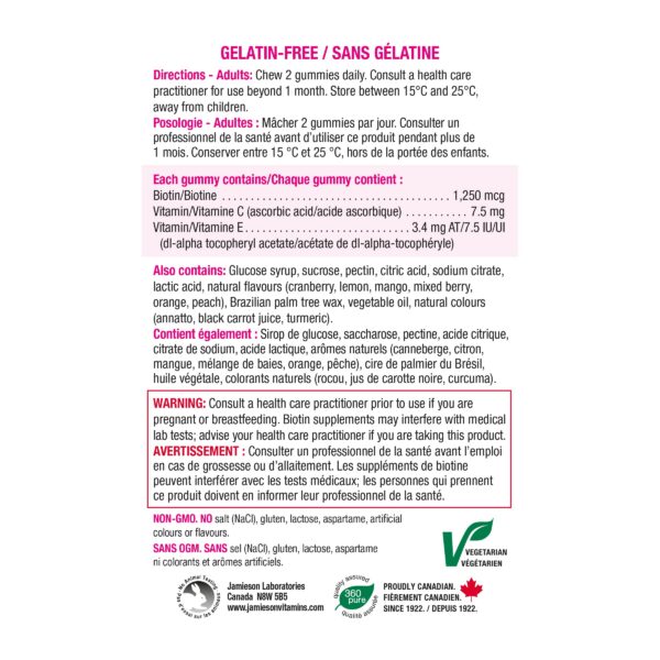 Frasco de Jamieson Biotin Gummies con tapa