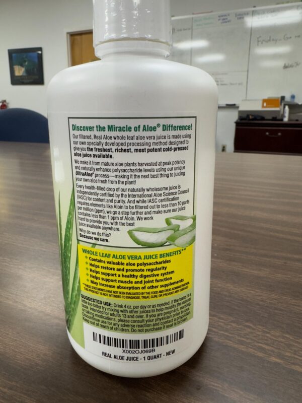 Jugo aloe vera Miracle of Aloe 4 pack lado botella