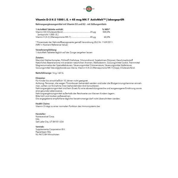 Etiqueta trasera de KAL ActivMelt