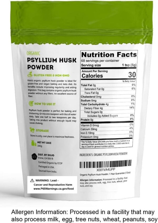 Kate Naturals polvo de psyllium orgánico en bolsa 12oz