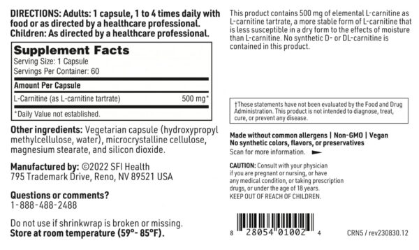 Uso recomendado Klaire Labs L-Carnitine Tartrate