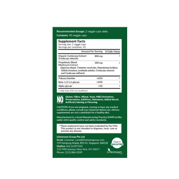 Caja y frasco del suplemento Cordyceps Ultra con 8 hongos