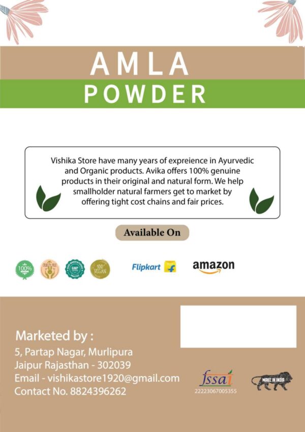 Lado paquete VISHIKA superalimento amla polvo orgánico
