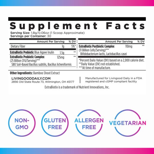 Livingood Pre Pro Postbióticos mezcla saludable en polvo