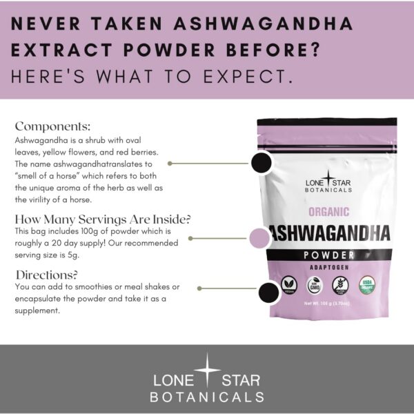 Version 1.0.0 Envase de Lone Star Botanicals con polvo de Ashwagandha 100 gramos