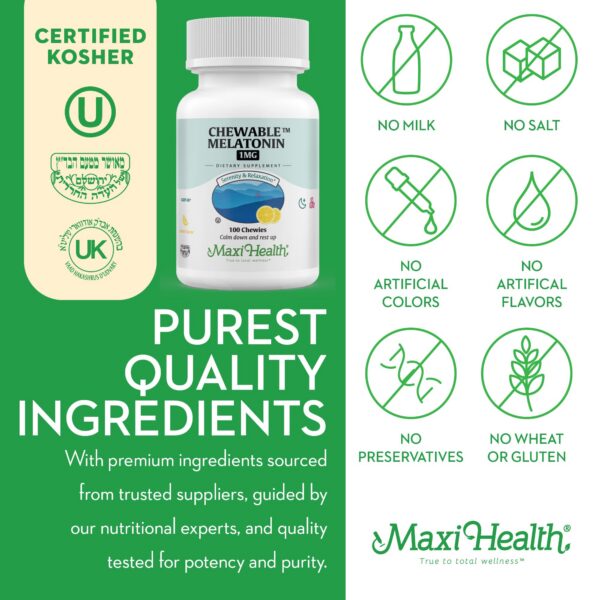 Version 1.0.0 Melatonina segura y no adictiva Maxi Health masticable sabor limón 100 u