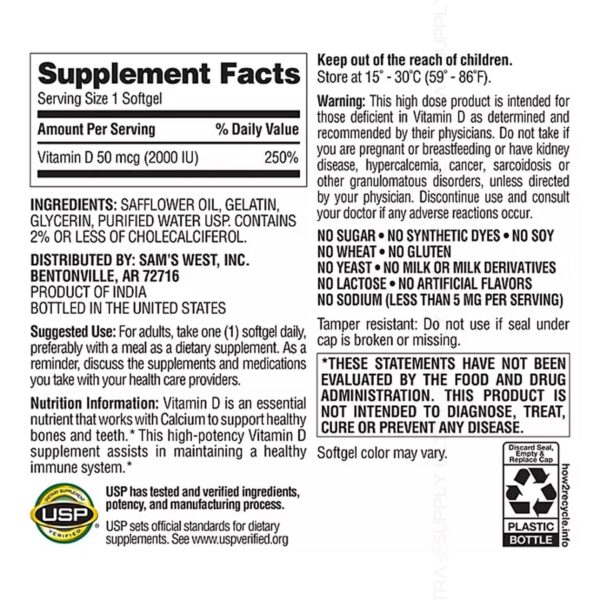 Version 1.0.0 Members Mark vitamina d3 botella y cápsulas contra fondo blanco