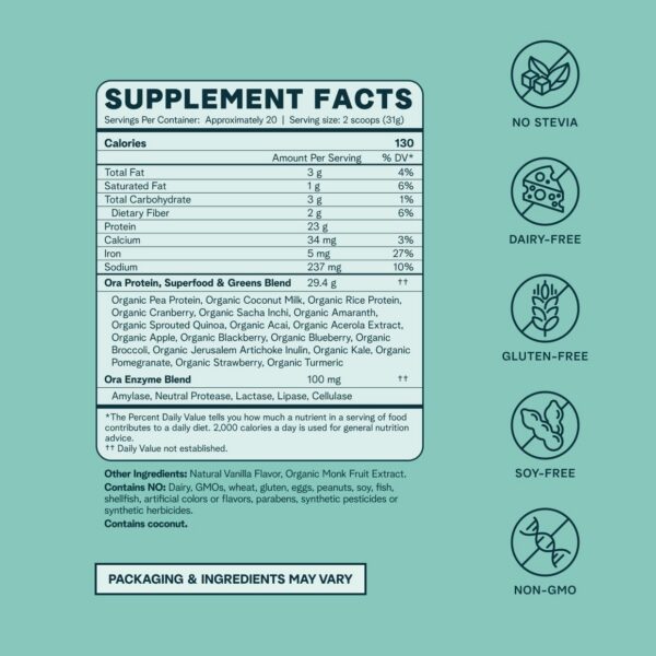 Version 1.0.0 Proteína vegana Ora Organic sabor vainilla y mezcla de superalimentos