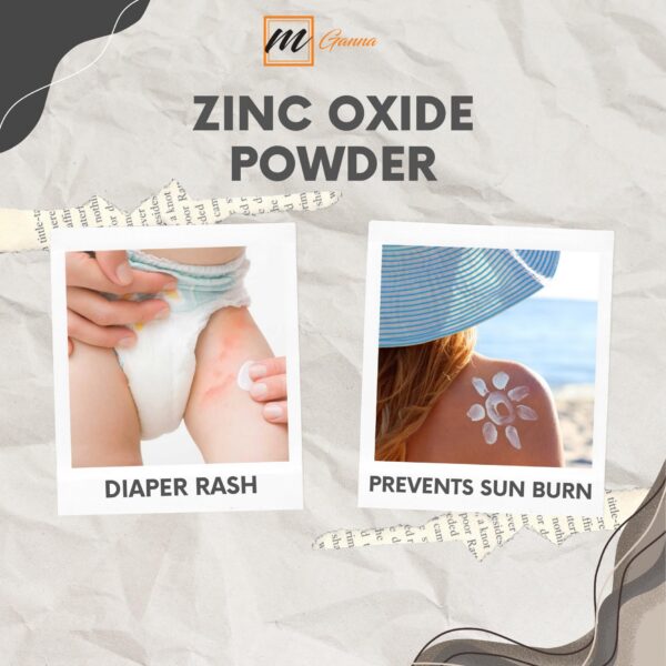 Presentación de polvo mganna óxido de zinc en fondo blanco