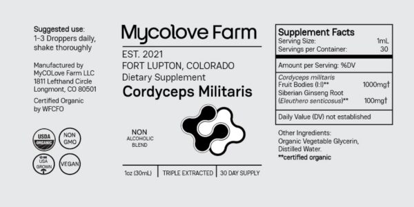 Empaque tintura Mycolove Farm Cordyceps y Ginseng Siberiano