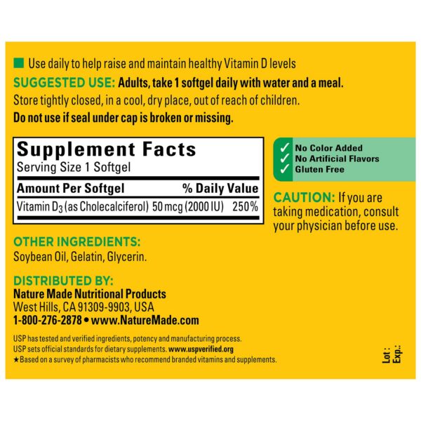 Nature Made Vitamina D3 suplemento 250 cápsulas lado