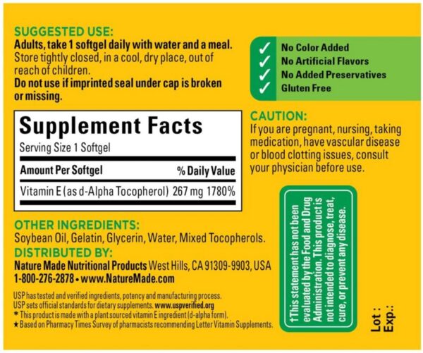 Nature Made vitamina e softgels para suplemento diario