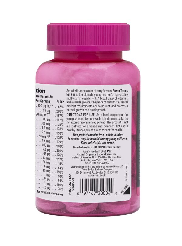 Version 1.0.0 Natures Plus Power Teen para ella multivitamínico 60 tabletas vegetarianas sabor baya silvestre