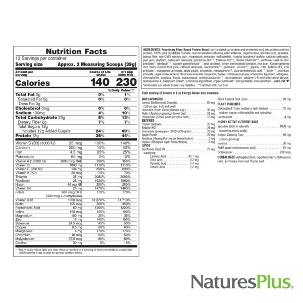 Etiqueta nutricional de Source of Life Energy Shake