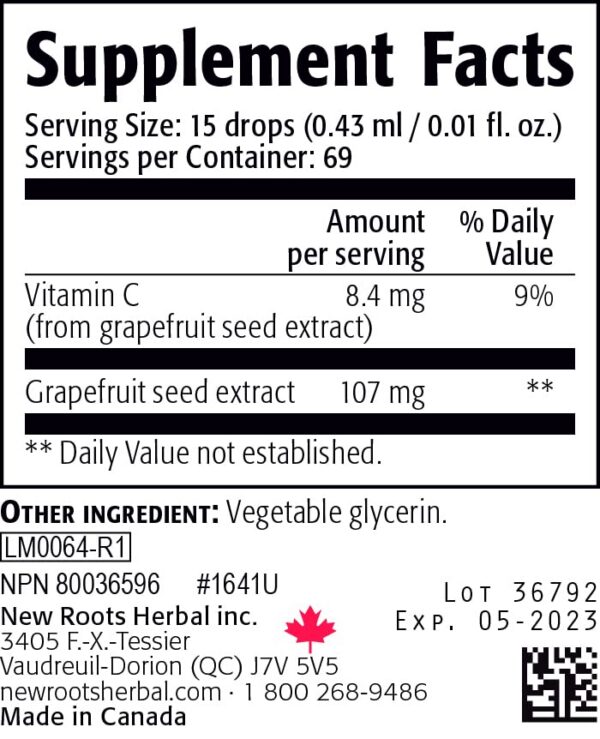 Botella y etiqueta lateral New Roots Herbal Extracto