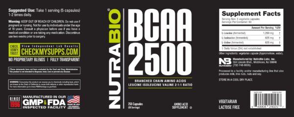 Etiqueta nutricional NutraBio BCAA 2500