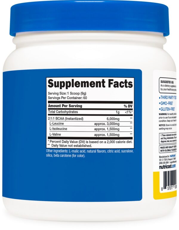 Frasco con polvo BCAA sabor piña Nutricost