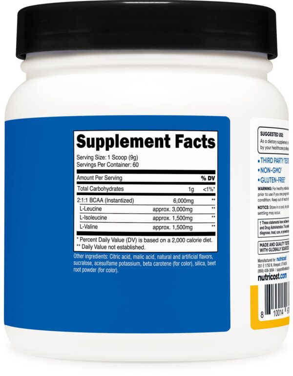 Etiqueta nutricional Nutricost BCAA naranja-mango