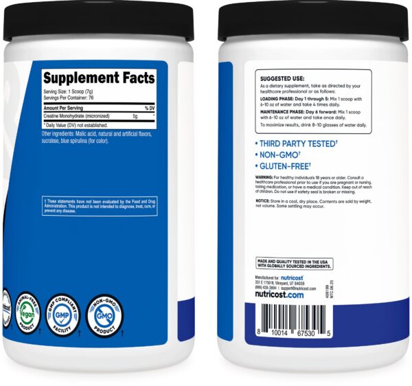 Presentación final de producto Nutricost Creatine Monohidratada 500 g