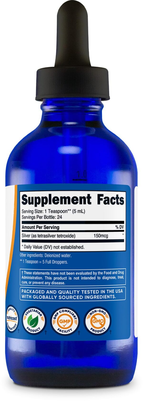 Botella de plata coloidal Nutricost sobre fondo claro