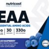 Nutricost polvo EAA frambuesa azul envase y scooper