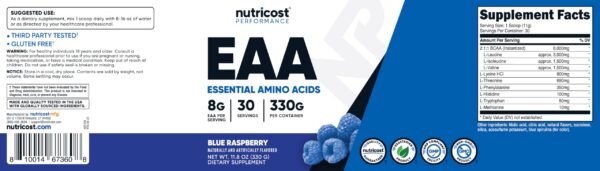Nutricost polvo EAA frambuesa azul envase y scooper