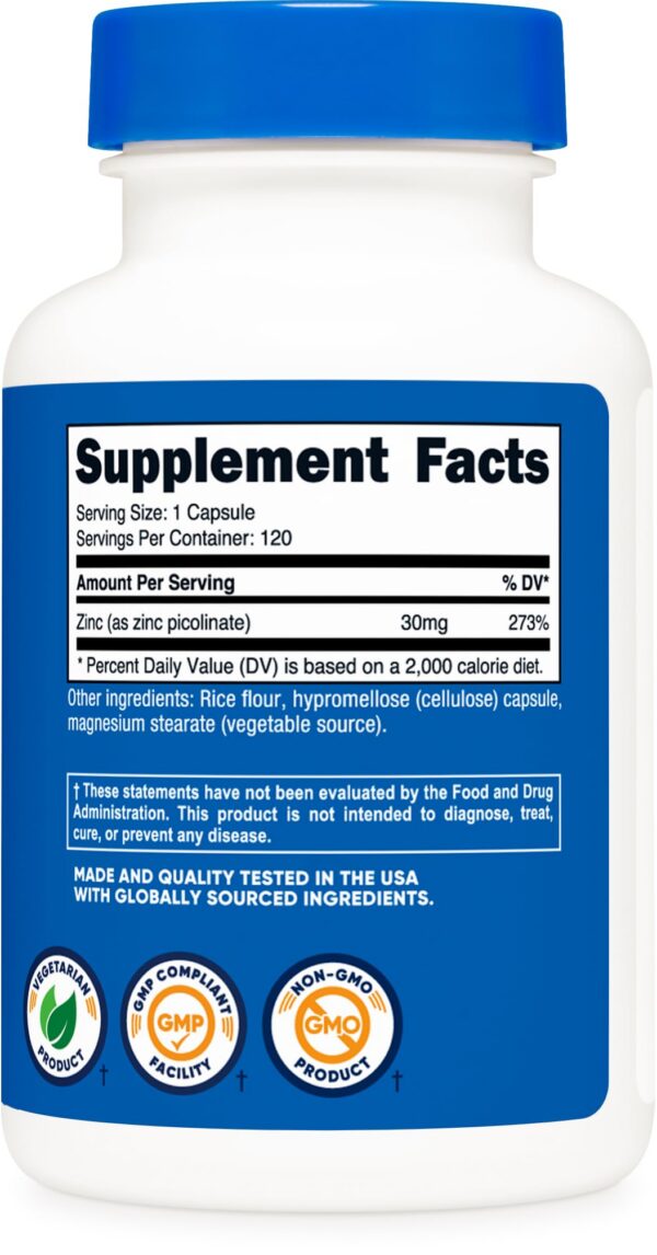 Presentación de 120 cápsulas Nutricost zinc picolinato