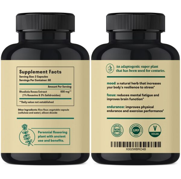 Version 1.0.0 Frasco y etiqueta de Rhodiola Rosea