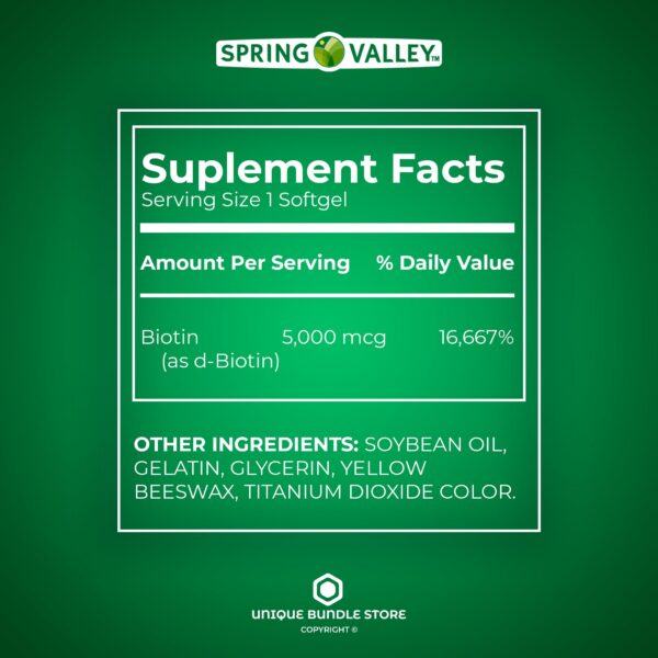 Panel nutricional suplementp Spring Valley Biotina 5000 mcg