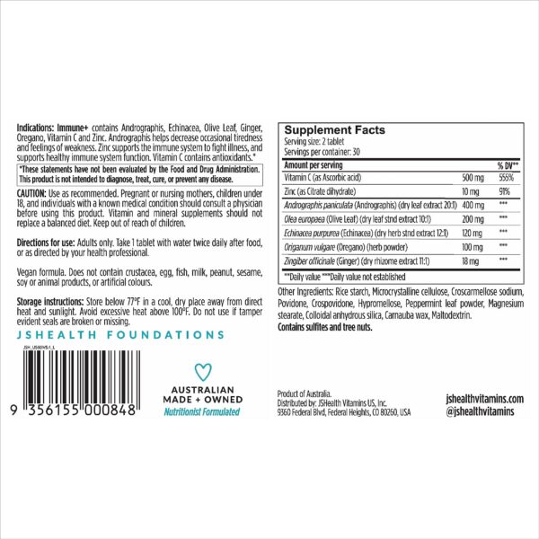 Paquete 60 tabletas suplemento inmunidad JSHealth zinc vitamina C