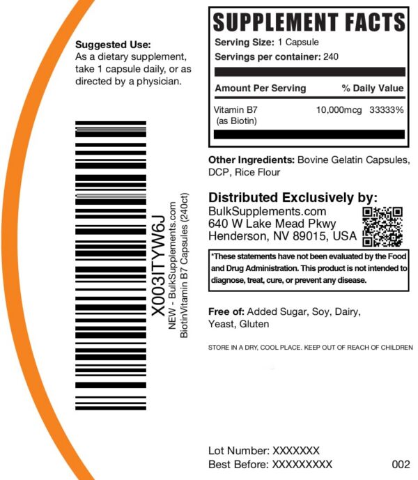Paquete cápsulas BulkSupplements biotina 10000mcg para salud