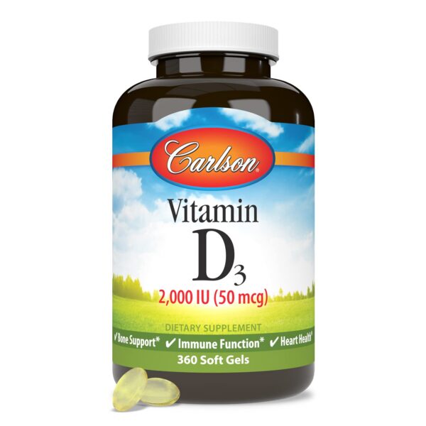 Paquete frasco suplemento vitamina d3 carlson 2000 iu