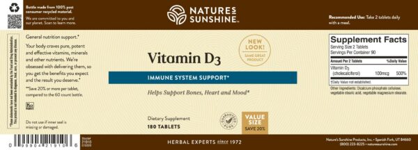 Paquete Nature's Sunshine vitamina d3 180 tabletas