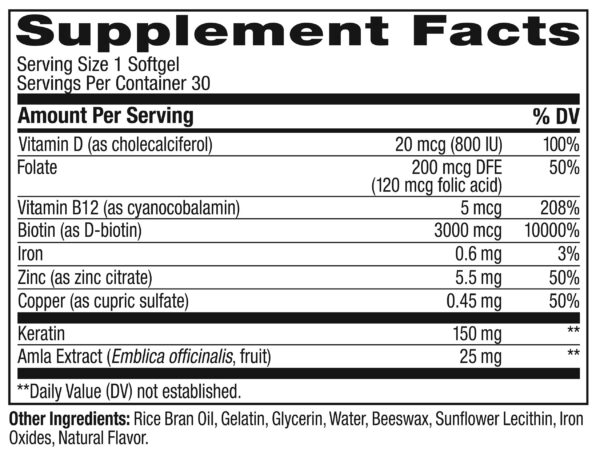 Paquete de OLLY softgels con biotina y keratina