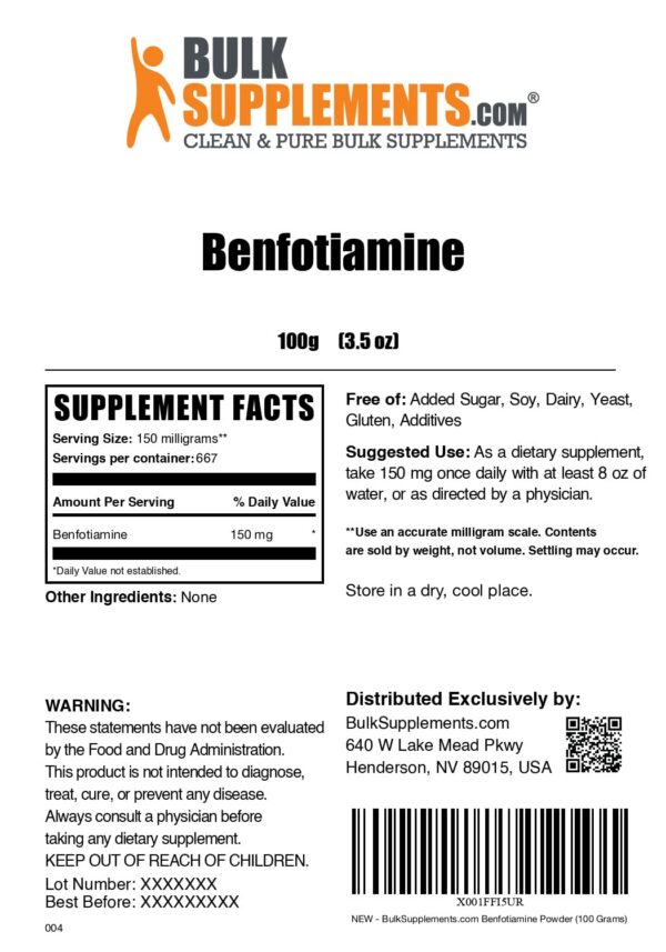 Paquete polvo Benfotiamina BulkSupplements 100 gramos