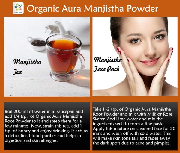 Paquete contenido polvo Organic Aura Manjistha 16oz