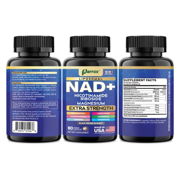 Vista frontal adicional del frasco Parrox NAD+ liposomal