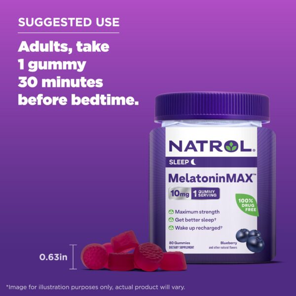 Parte trasera del empaque Natrol Melatonina 10 mg gomitas