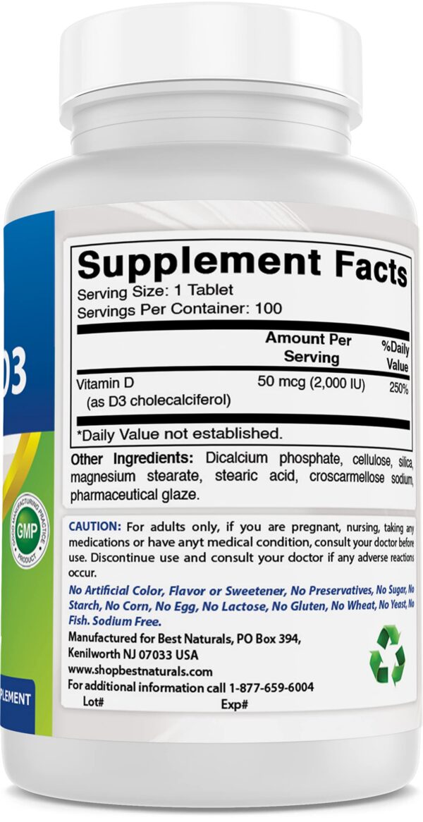 Frascos Best Naturals vitamina D3 2000 UI gotas tabletas