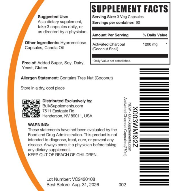 Parte trasera etiqueta BulkSupplements carbón activado
