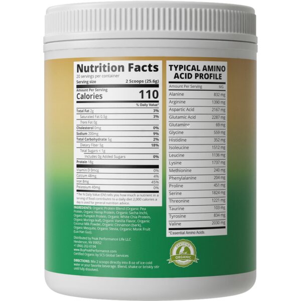 Etiqueta nutricional del polvo de proteína vegana Peak Performance