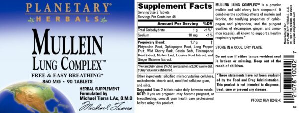 Tabla nutricional Planetary Herbals Mullein Lung Complex