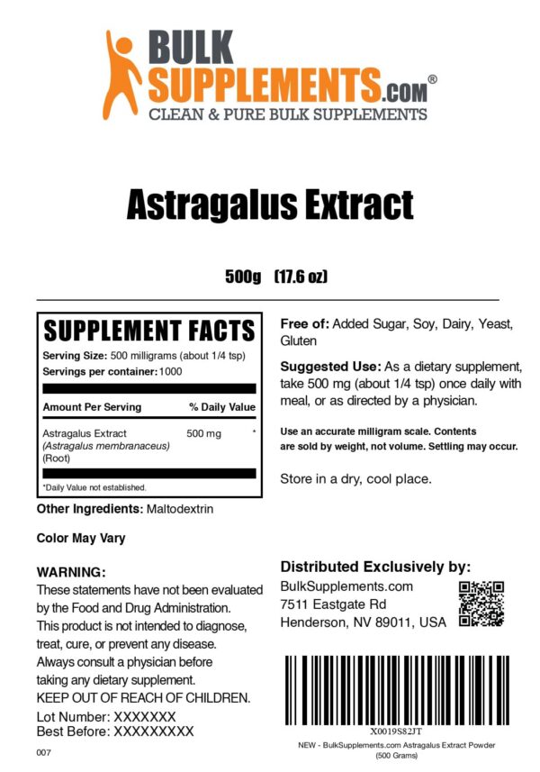 Polvo astrágalo BulkSupplements para apoyo diario en salud