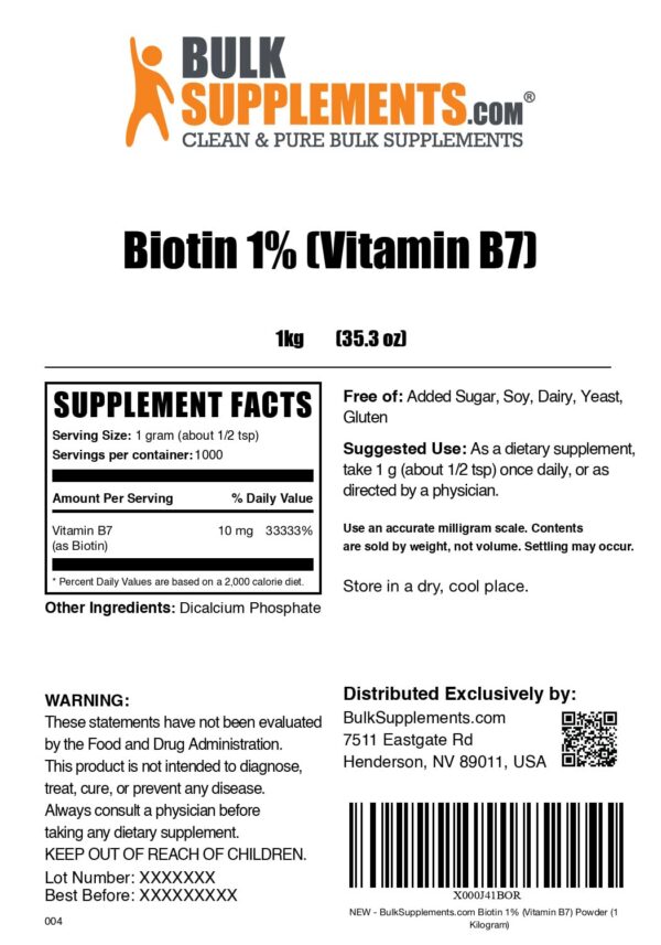 Version 1.0.0 Polvo biotina BulkSupplements suplemento para salud general