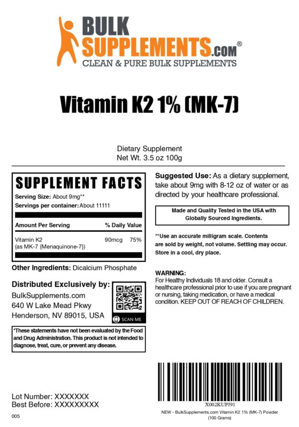 Polvo BulkSupplements vitamina K2 envase cerrado