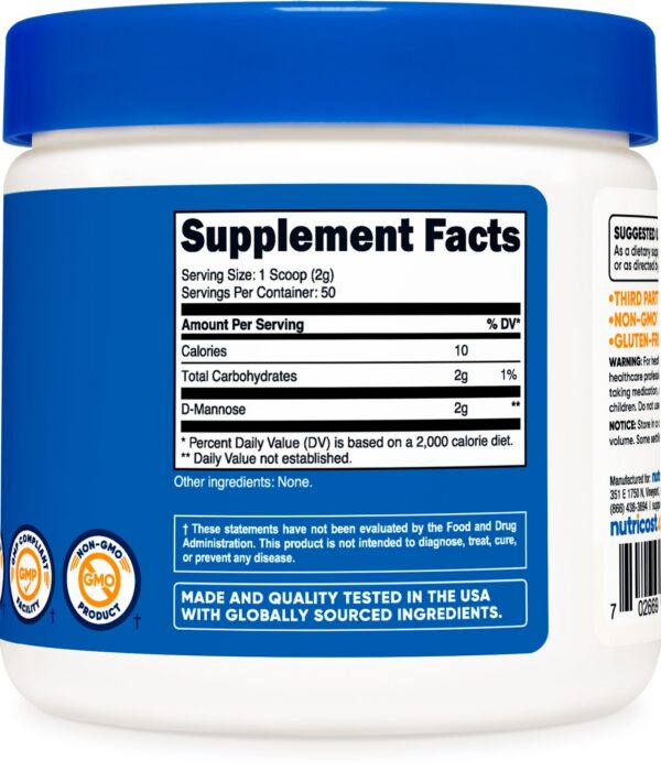 Botella de Polvo de D-Mannosa con ingredientes